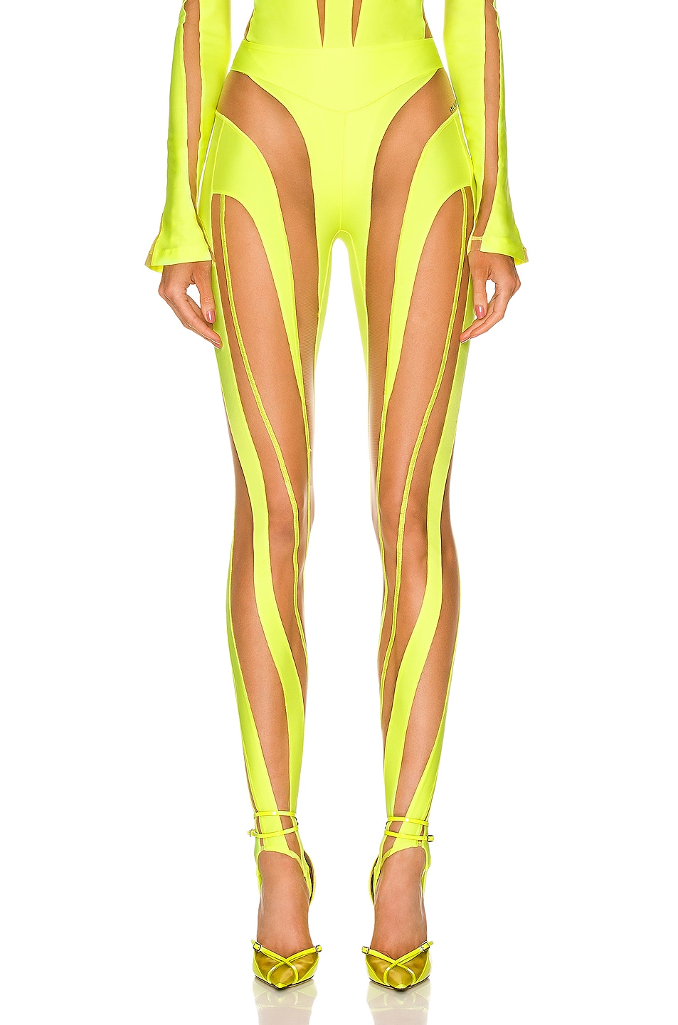 Image 1 of Mugler Sheer Spiral Legging in Neon Yellow & Nude