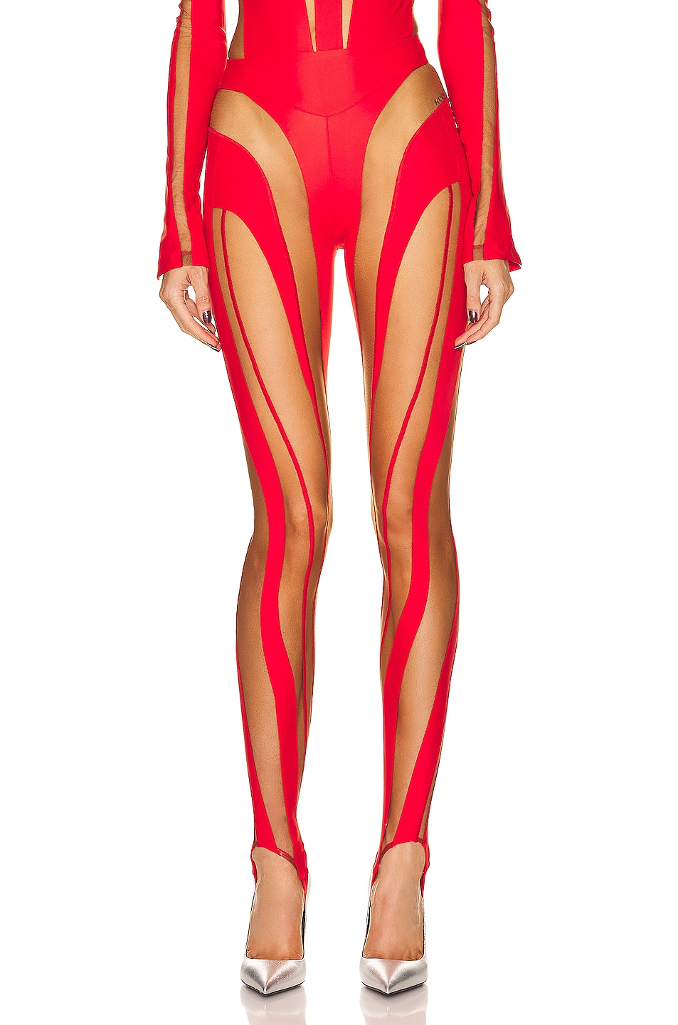 Image 1 of Mugler Sheer Spiral Legging in Red & Nude 02