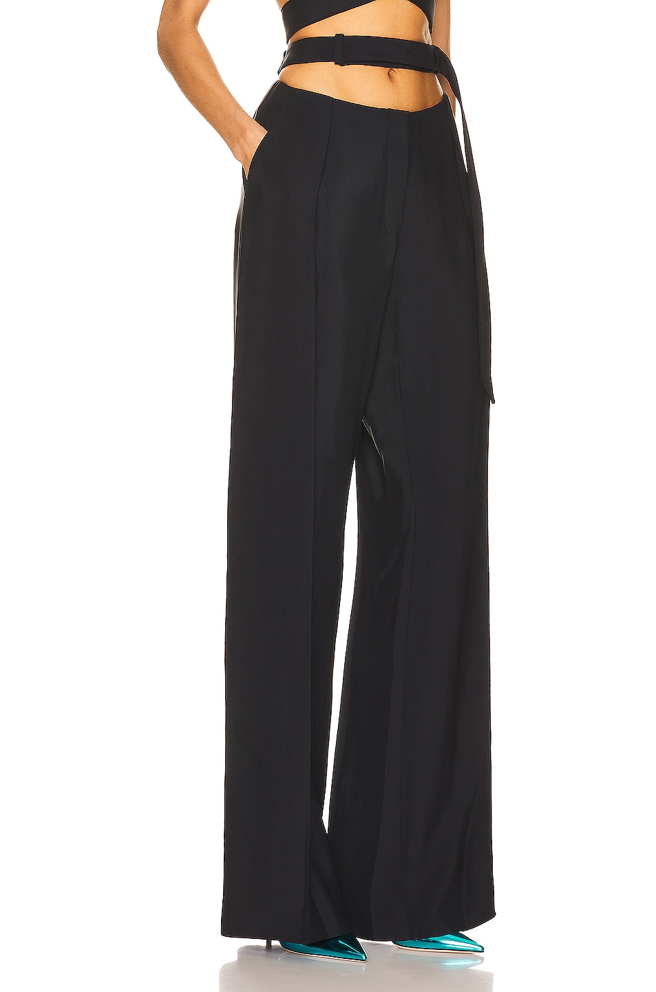 Mugler Belted Wool Wide Leg Pant in Black | FWRD