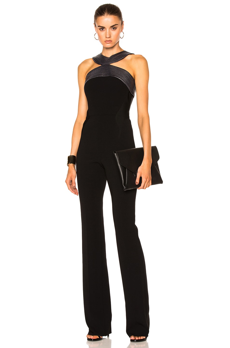 Image 1 of Mugler Fitted Cady Topstitch Jumpsuit in Black