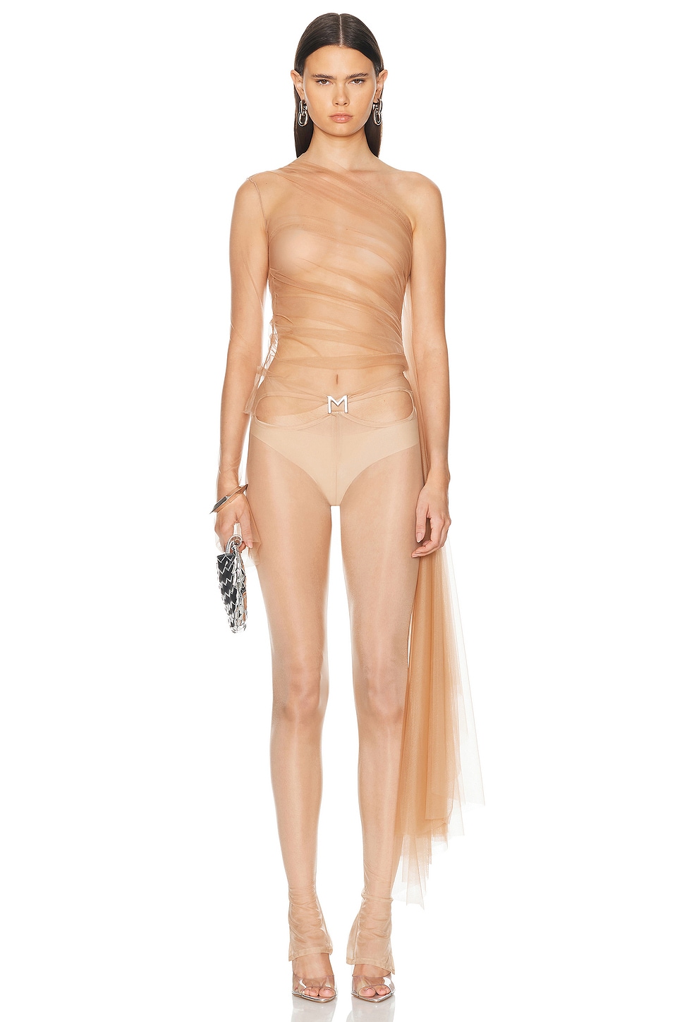 Image 1 of Mugler Stretch Illusion Sheer Top in Beige