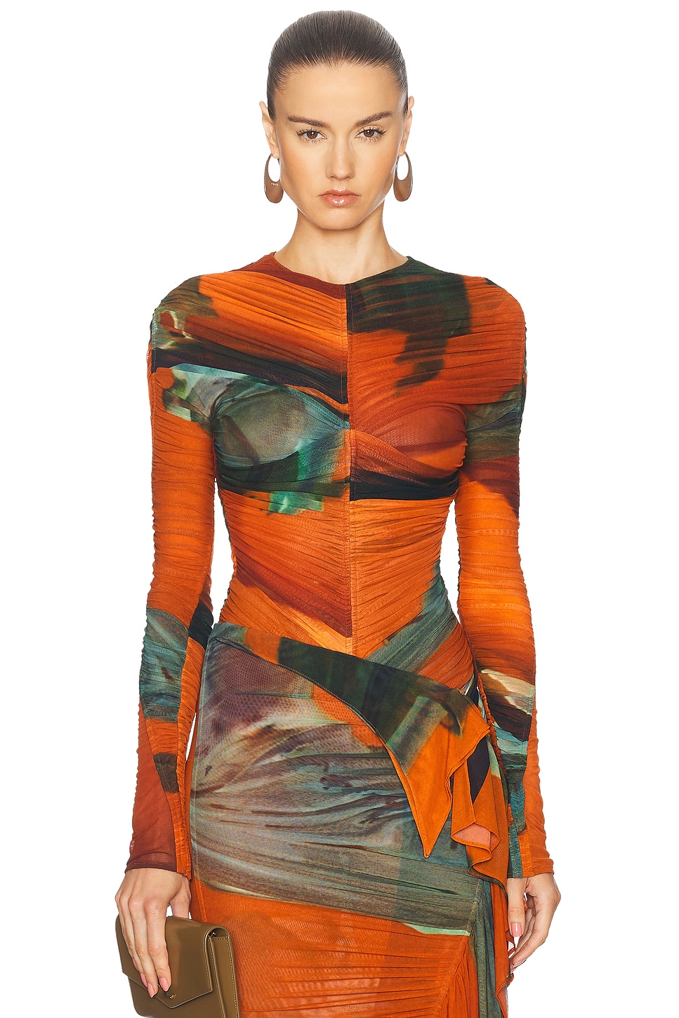 Shop Mugler Mesh Long Sleeve Top In Archive Print Orange