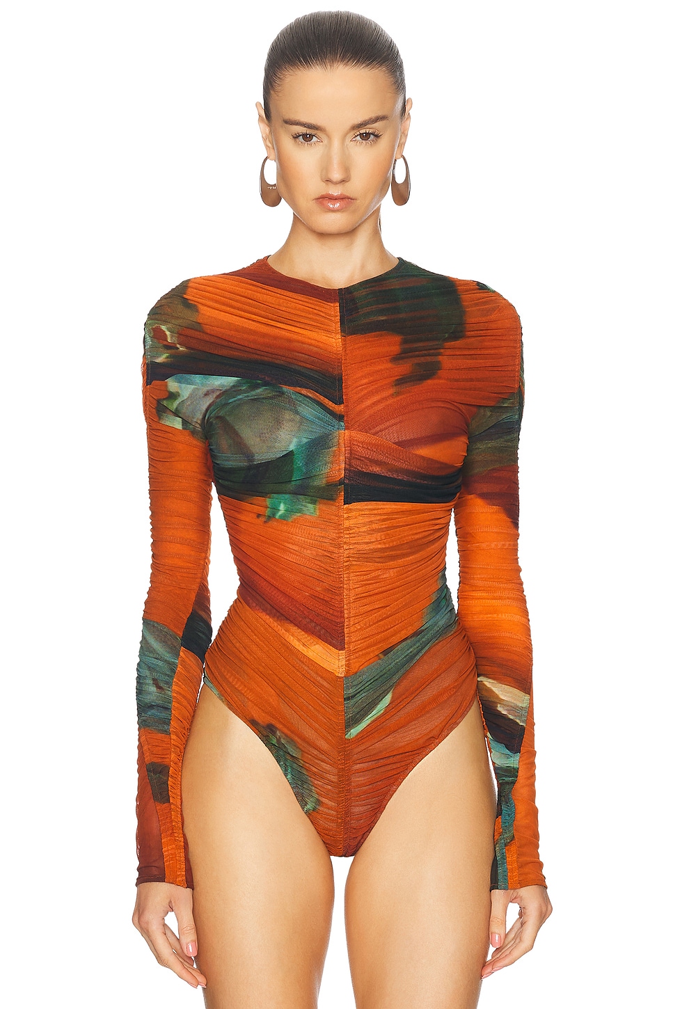 Shop Mugler Mesh Long Sleeve Top In Archive Print Orange