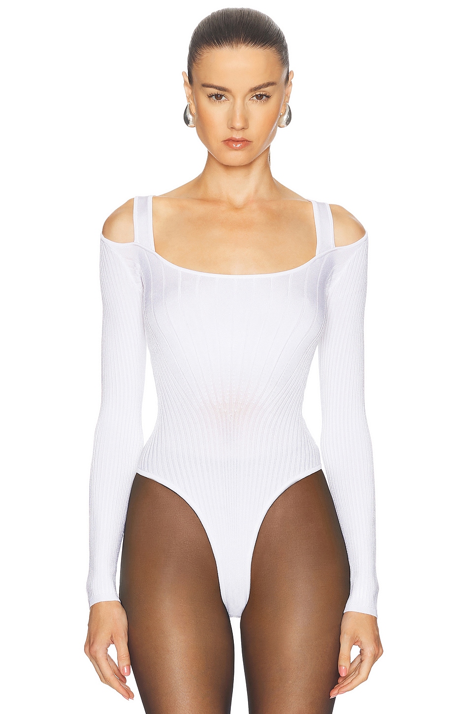 Shop Mugler Long Sleeve Bodysuit In Off White