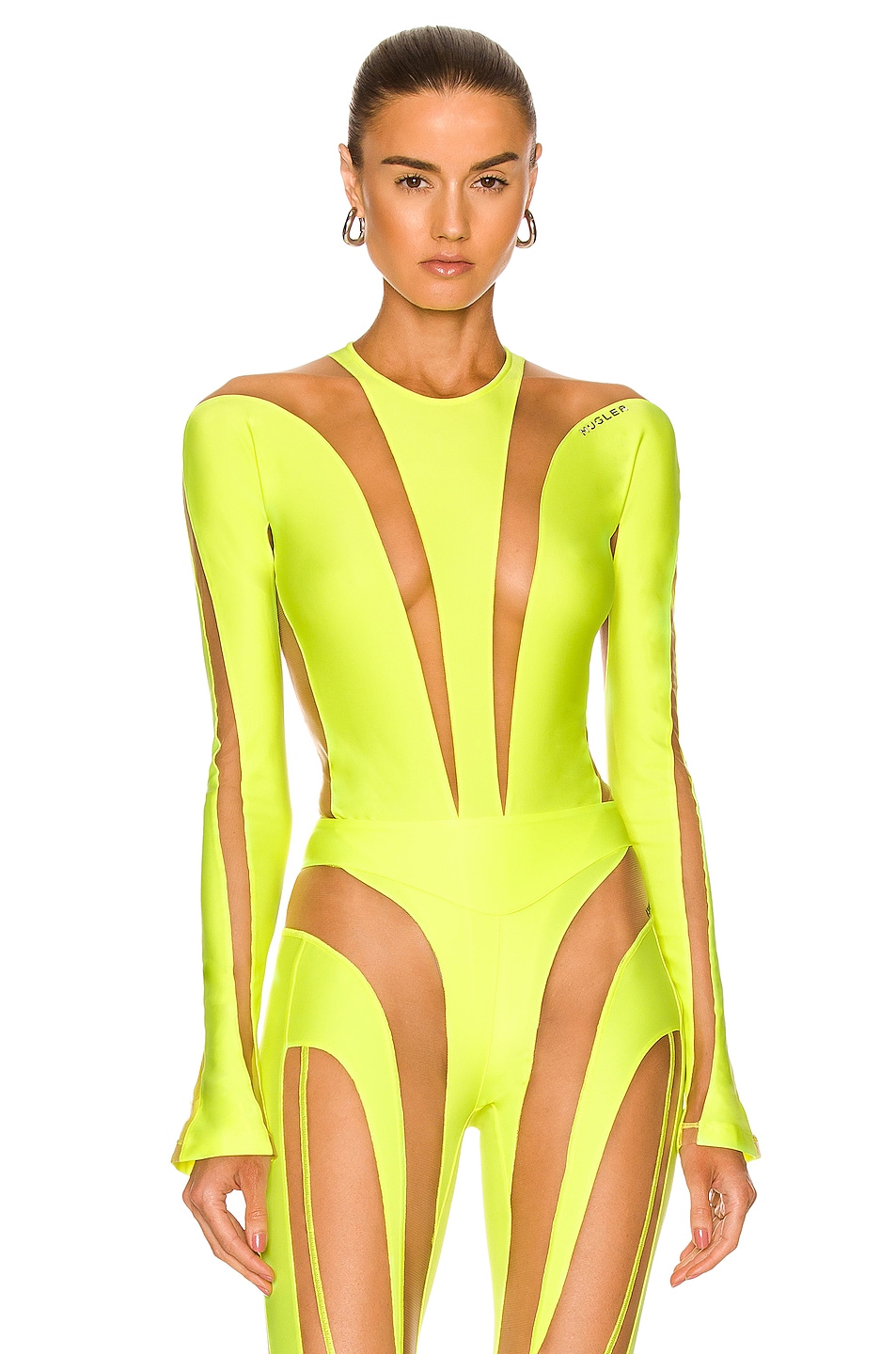 Image 1 of Mugler Sheer Tulle Bodysuit in Neon Yellow & Nude