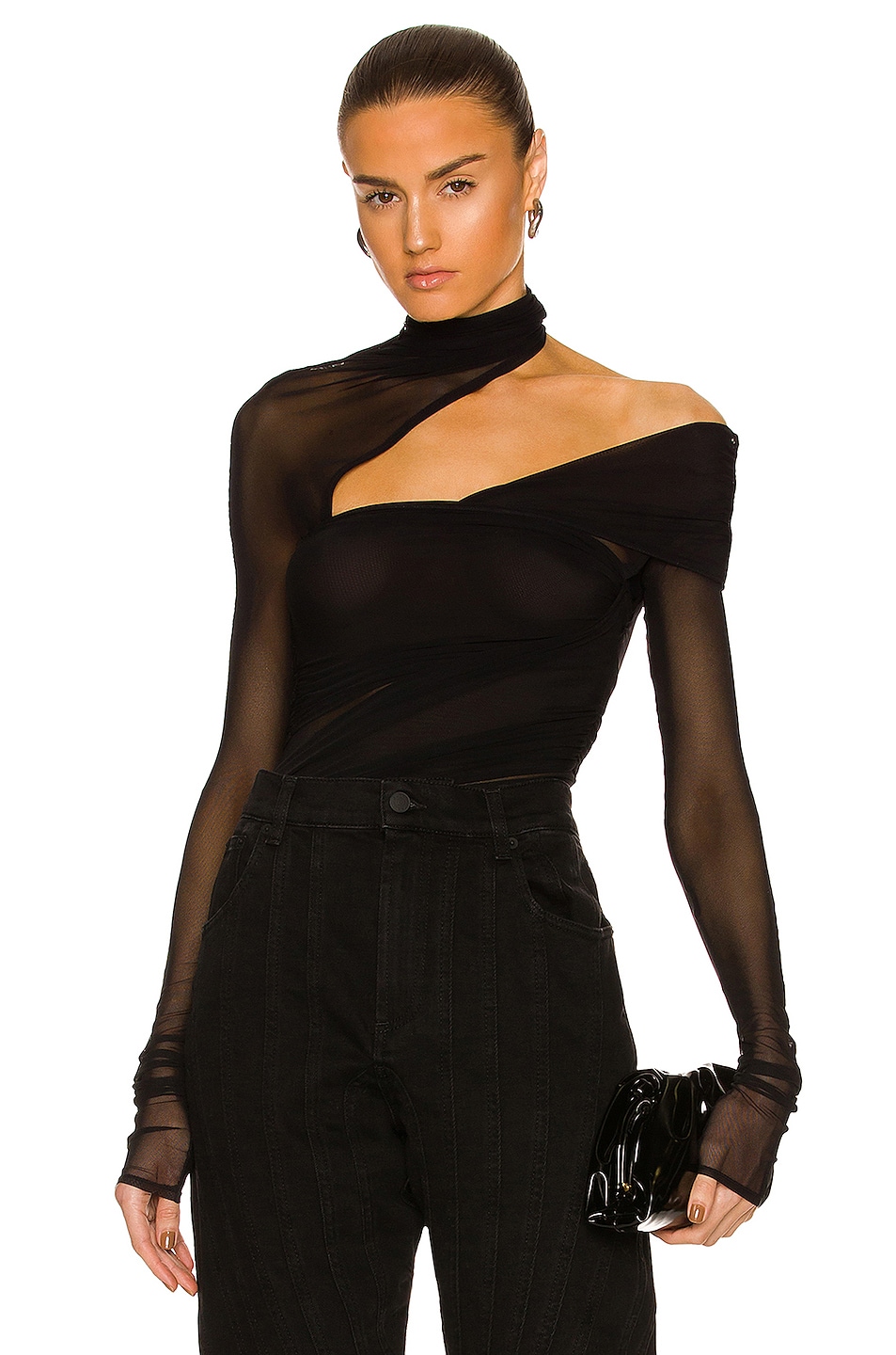 Mugler Transparent Mesh Bodysuit in Black | FWRD