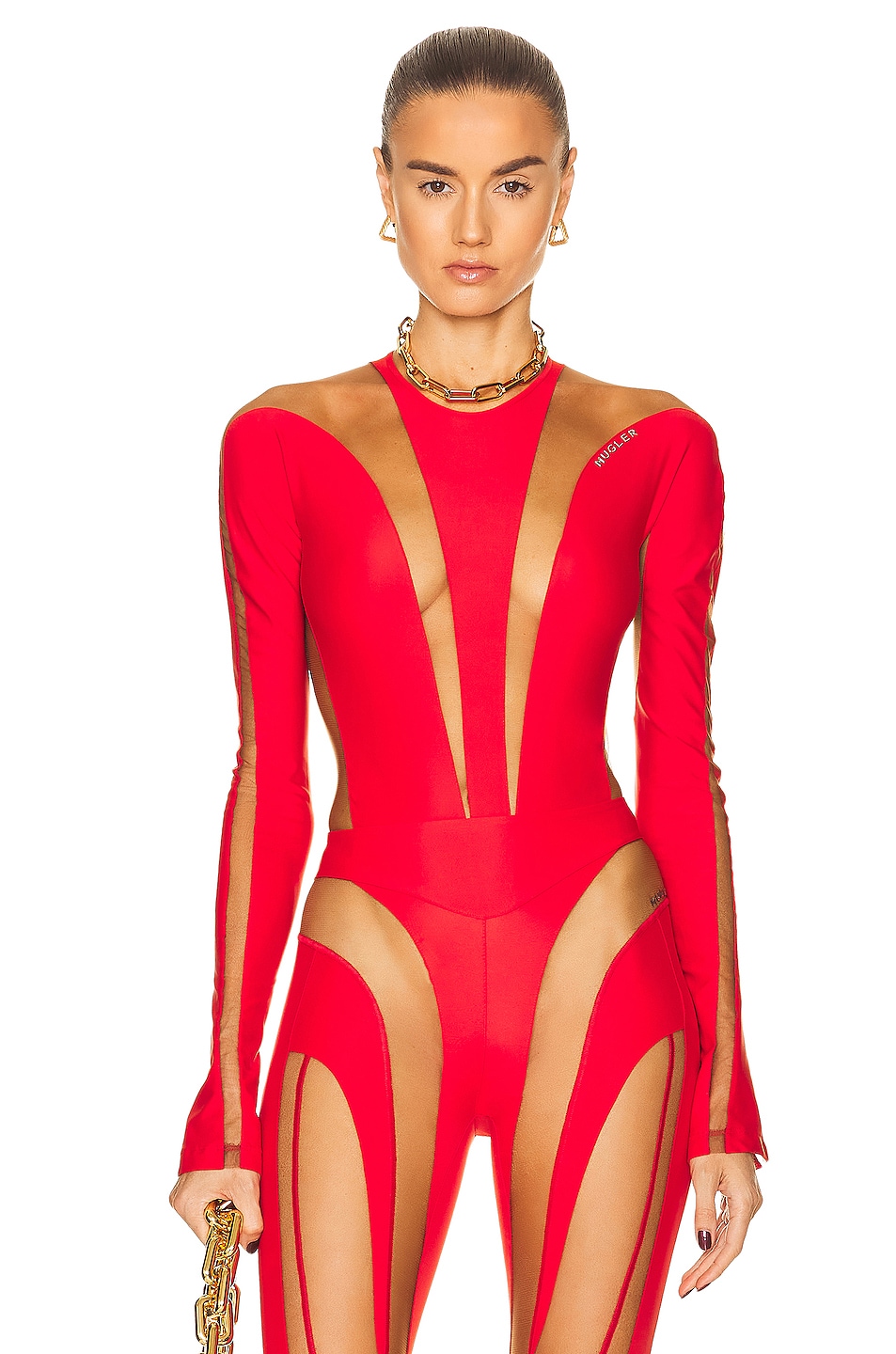Image 1 of Mugler Illusion Shaping Bodysuit in Red & Nude 02