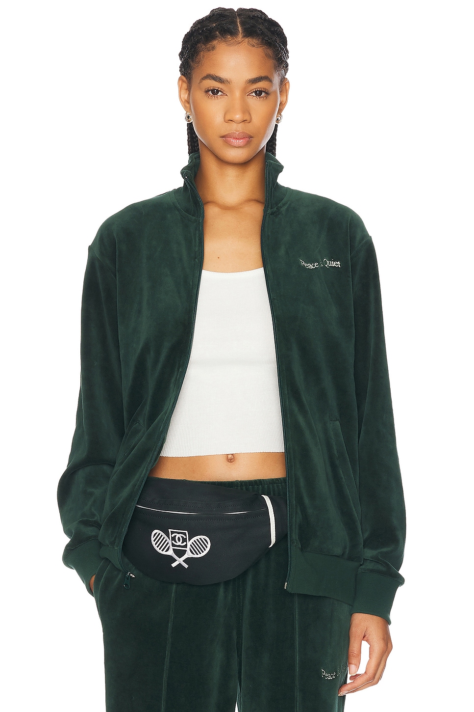 Wordmark Velour Jacket in Dark Green