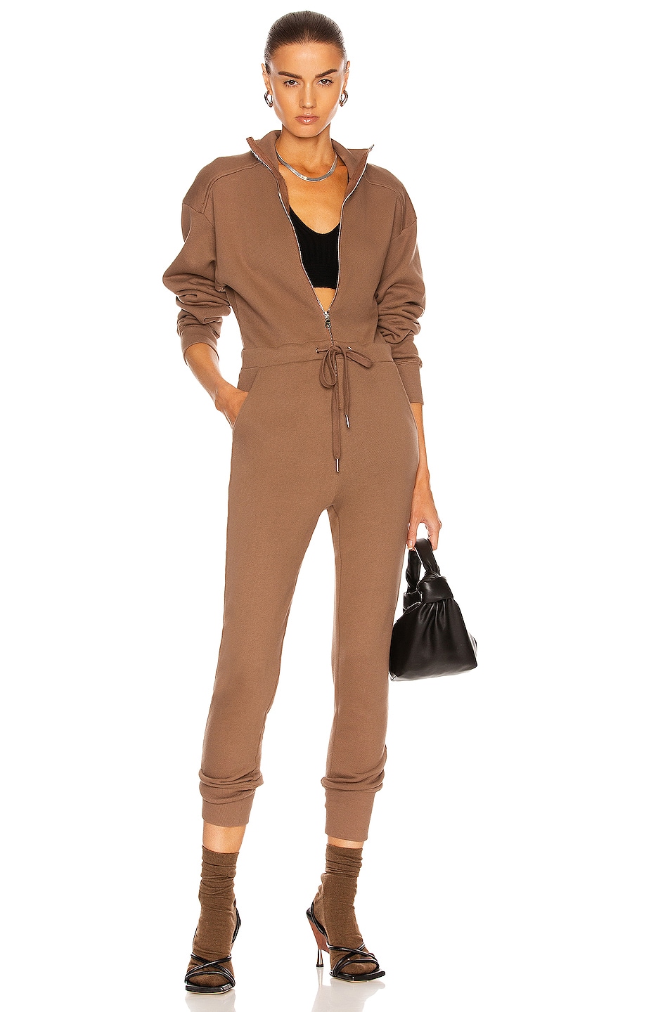 Image 1 of Marissa Webb Red-Eye French Terry Zip Front Jumpsuit in Cognac