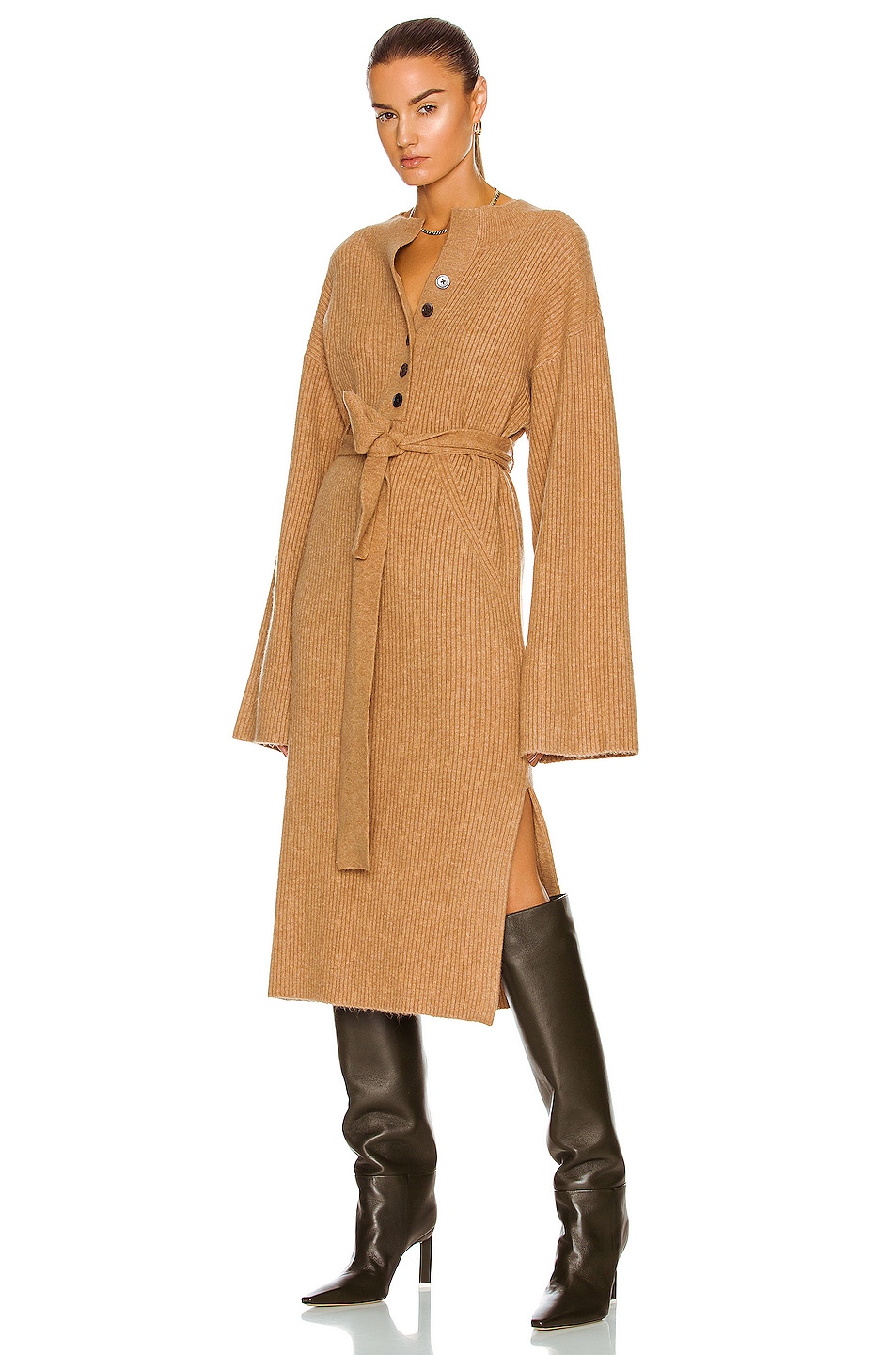 Image 1 of Marissa Webb Arie Ribbed Cashmere Blend Henley Midi Sweater Dress in Camel