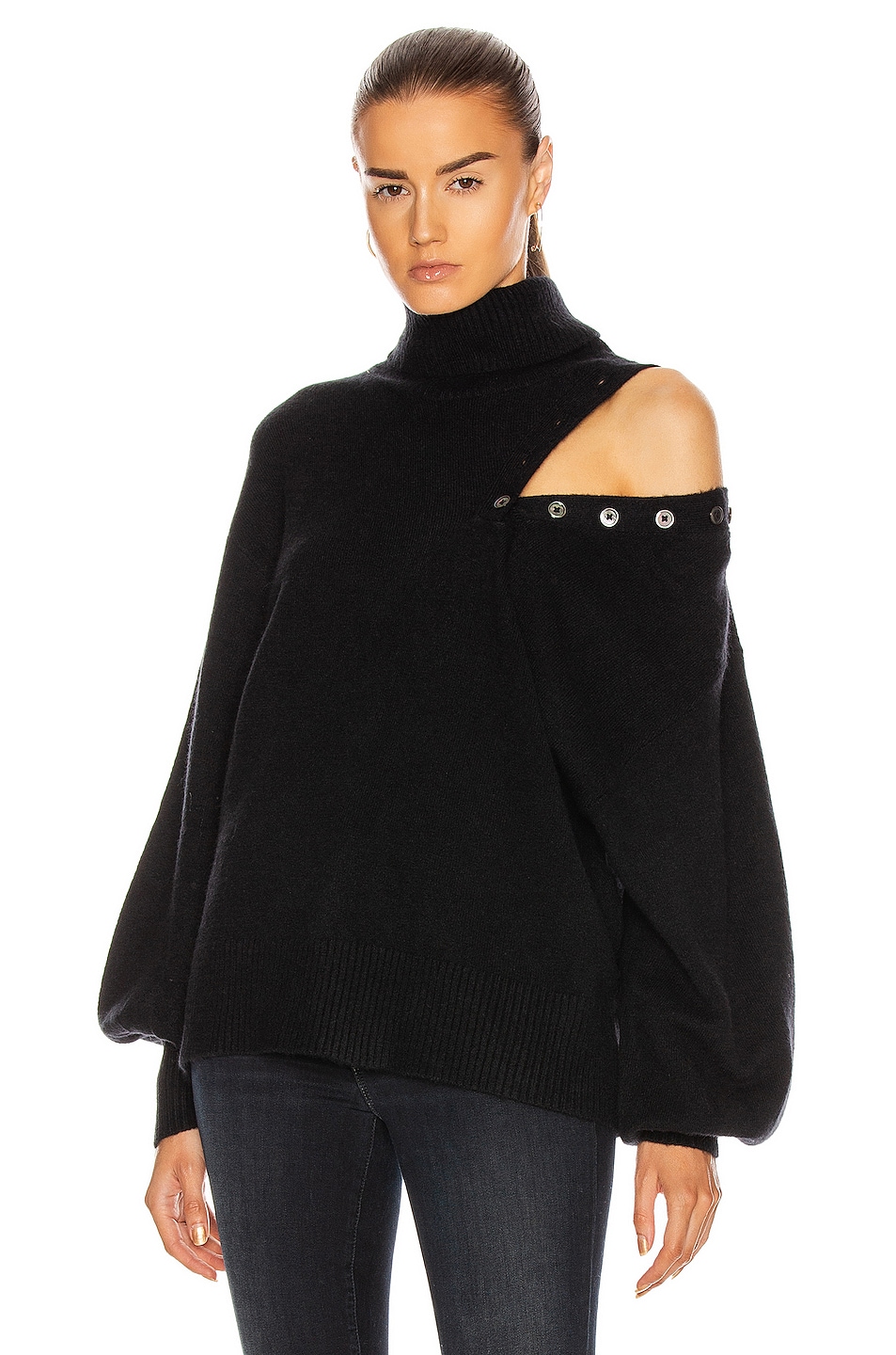 Image 1 of Marissa Webb Blake Button Cashmere Blend Turtleneck Sweater in Black