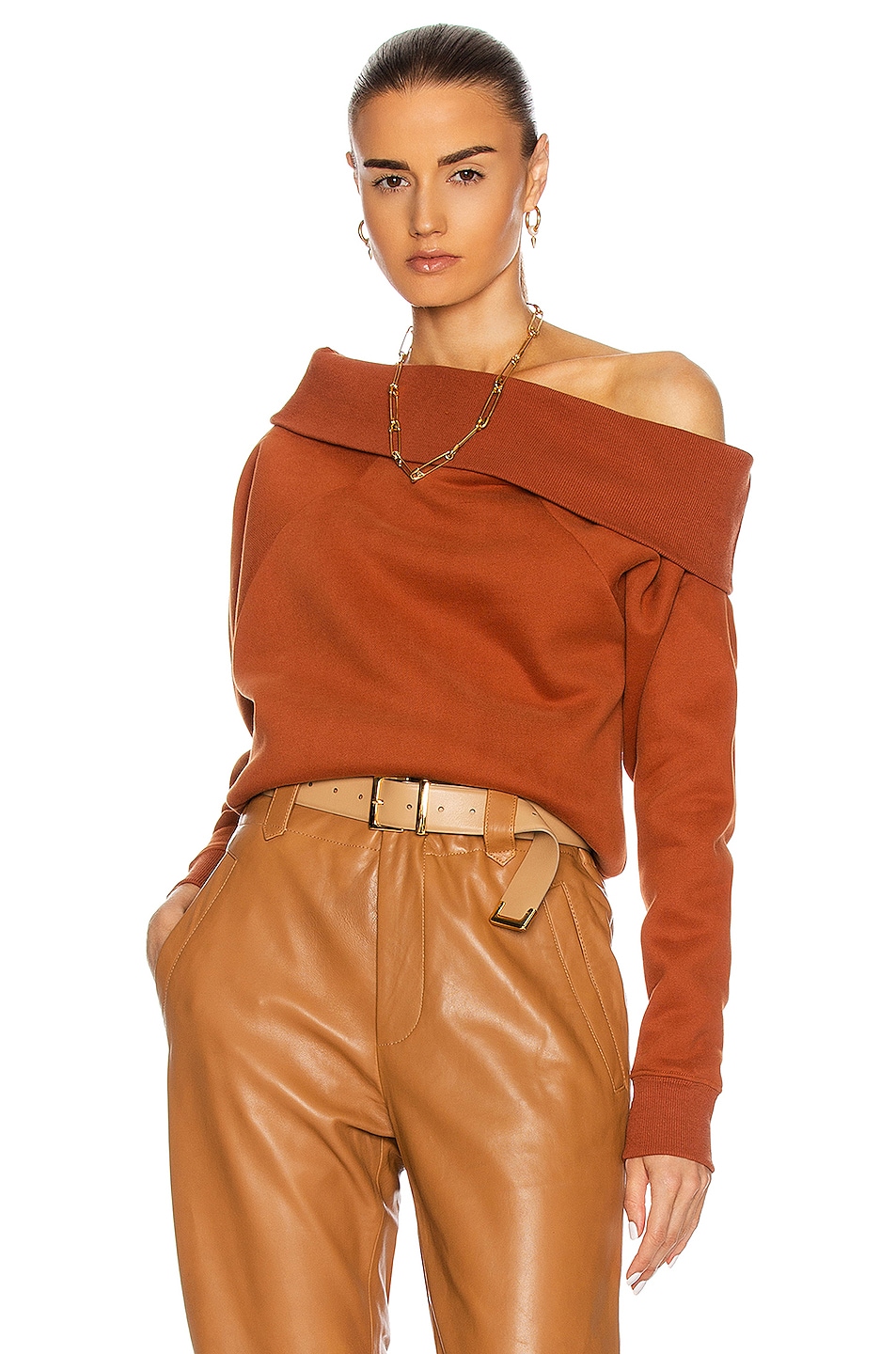 Image 1 of Marissa Webb So Relaxed Off The Shoulder Plush Sweatshirt in Rust