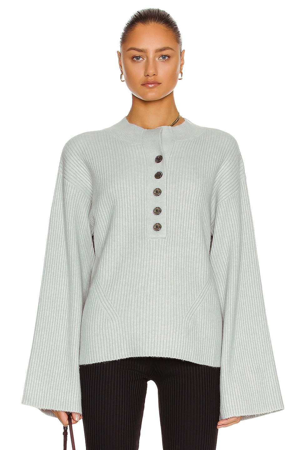 Image 1 of Marissa Webb Arie Ribbed Cashmere Blend Henley Sweater in Cloud