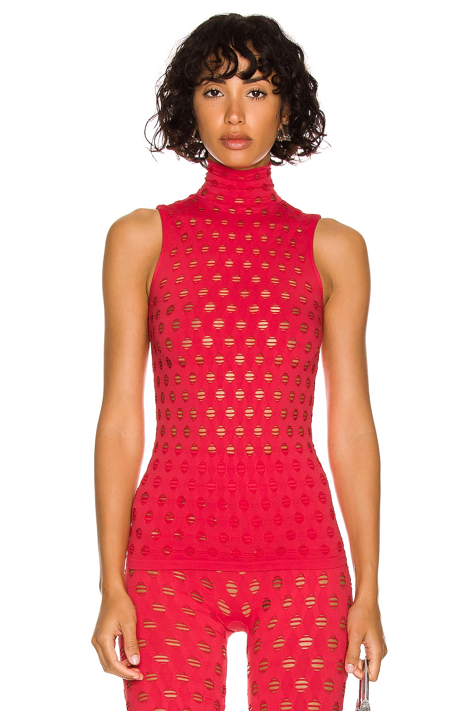 Image 1 of Maisie Wilen Sleeveless Perforated Turtleneck Top in Tomato