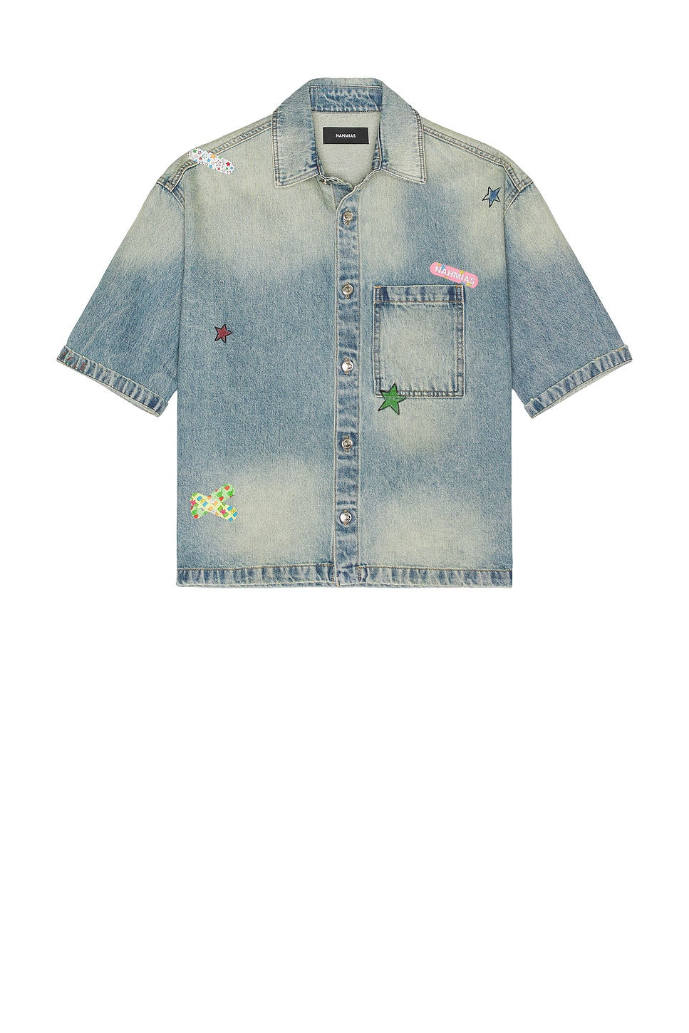 Image 1 of Nahmias Denim Bandaid Short Sleeve Shirt in Light Wash