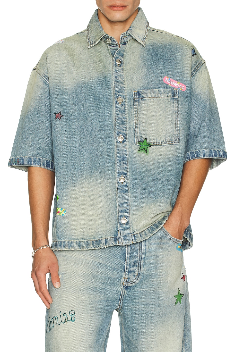 Image 3 of Nahmias Denim Bandaid Short Sleeve Shirt in Light Wash