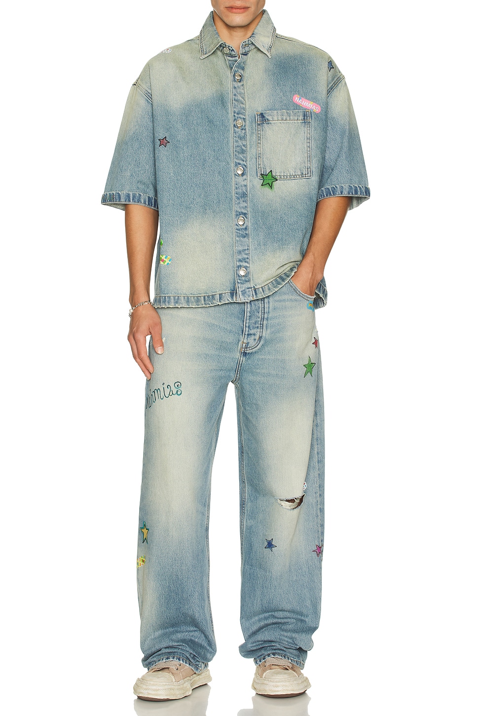 Image 4 of Nahmias Denim Bandaid Short Sleeve Shirt in Light Wash