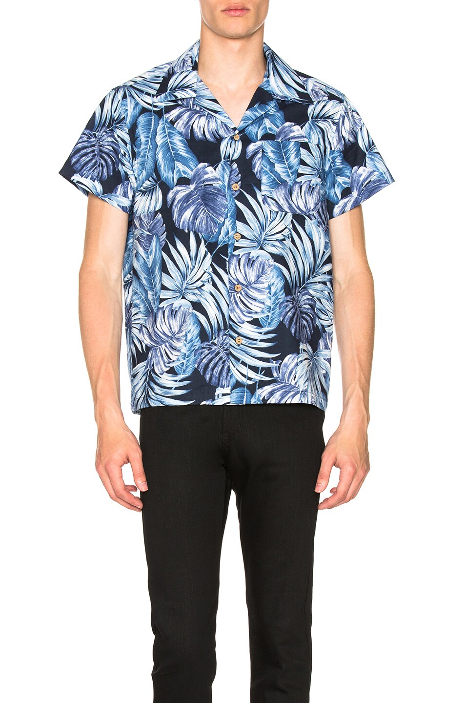 Image 1 of Naked & Famous Denim Tropical Leaves Aloha Shirt in Navy