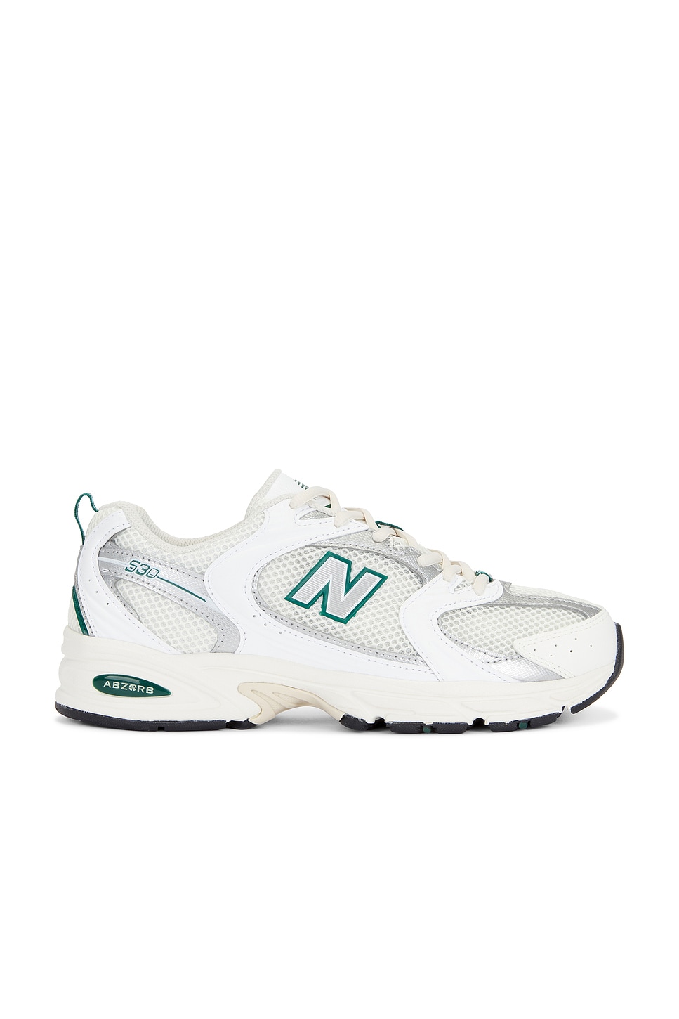 Image 1 of New Balance 530 in Sea Salt, White, Marsh Green, & Silver Metallic