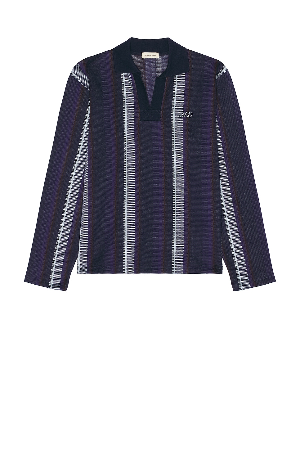 Image 1 of Nicholas Daley Long Sleeve Striped Polo in Navy & Chocolate