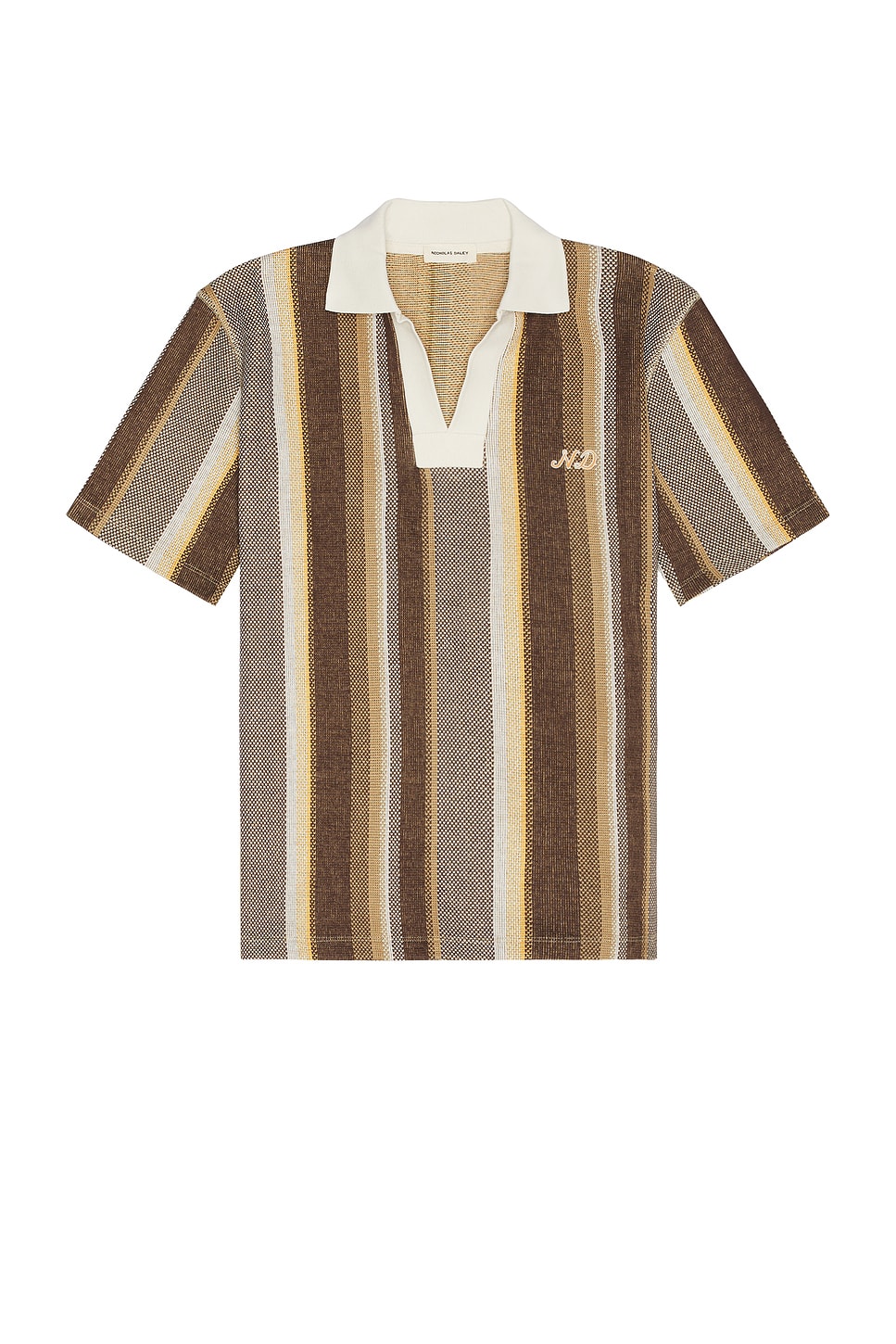 Image 1 of Nicholas Daley Striped Polo in Brown, Ecru, & Mustard