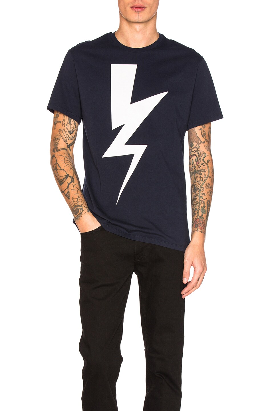 Image 1 of Neil Barrett Abstracted Bolt Tee in Navy & White