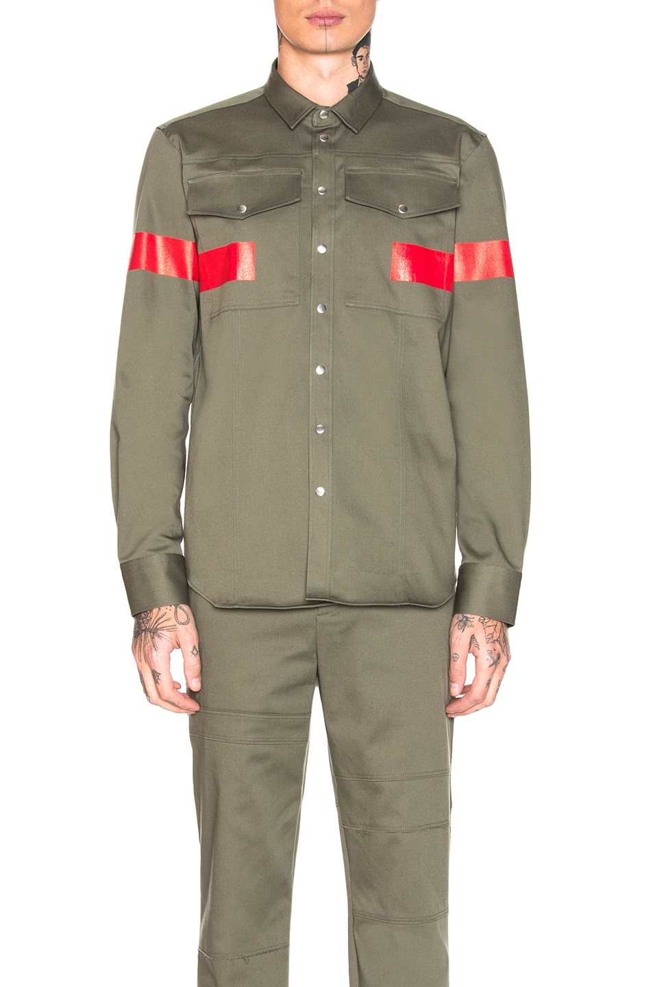 Image 1 of Neil Barrett Single Stripe Workwear Shirt in Faded Military & Red