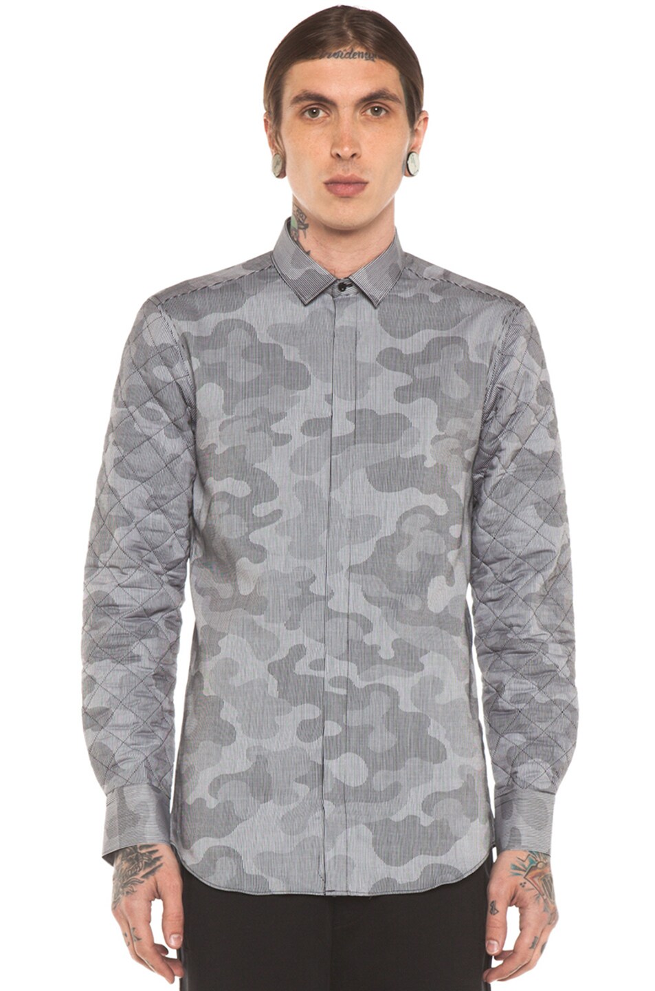 Image 1 of Neil Barrett Slim Fit Quilted Sleeve Camo Shirt in Grey
