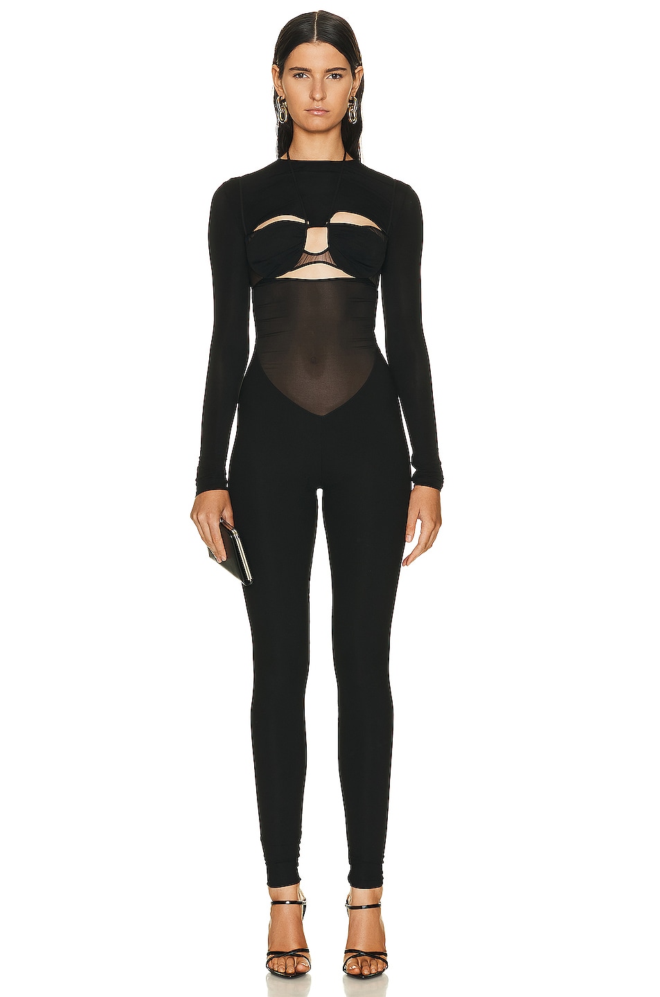 Nensi Dojaka Draped Double Bra Fitted Jumpsuit in Black FWRD