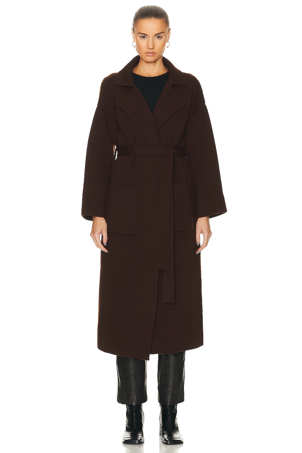 Claire Extra Long Belted Knit Cardigan in Brown
