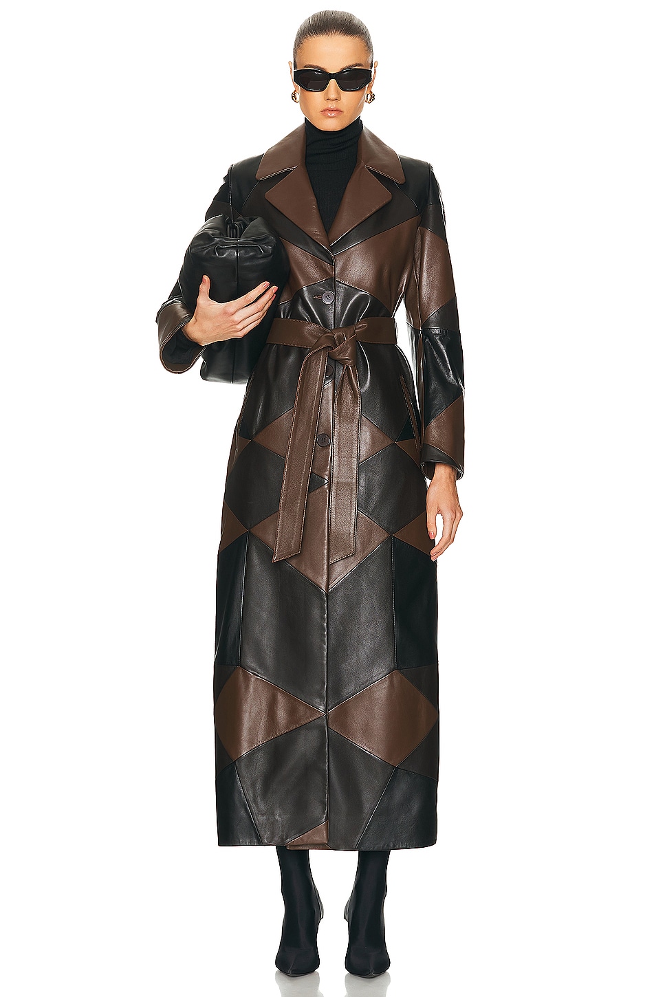 Image 1 of NOUR HAMMOUR for FWRD Sonja Patchwork Trench Coat in Black, Umber, & Walnut