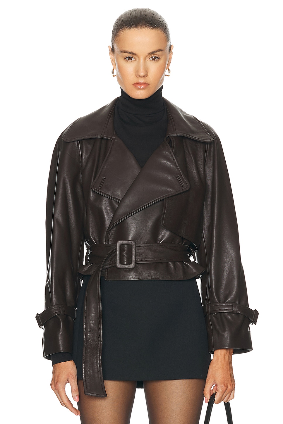 Image 1 of NOUR HAMMOUR Hatti Belted Cropped Leather Jacket in Molasses