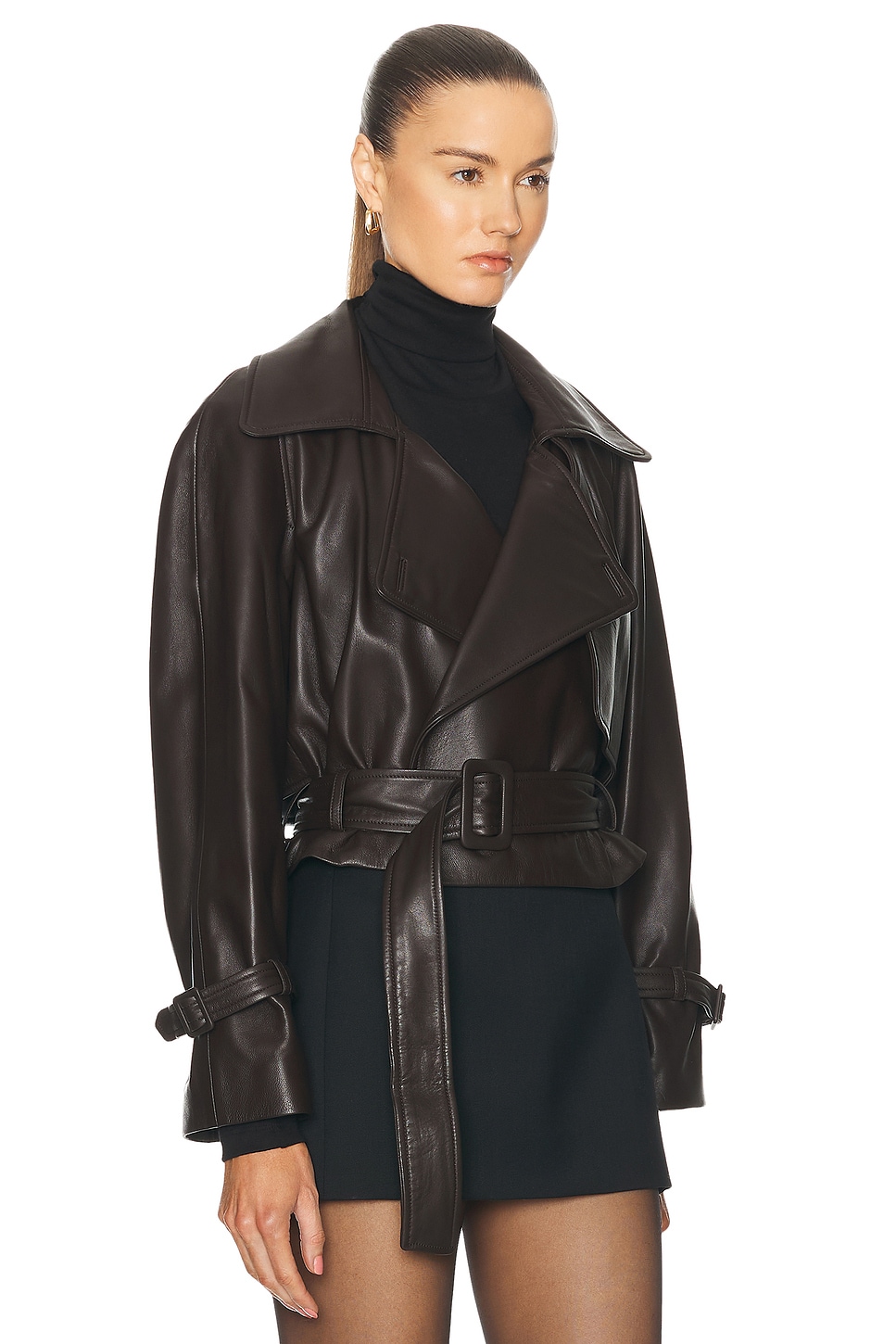 Shop Nour Hammour Hatti Belted Cropped Leather Jacket In Molasses