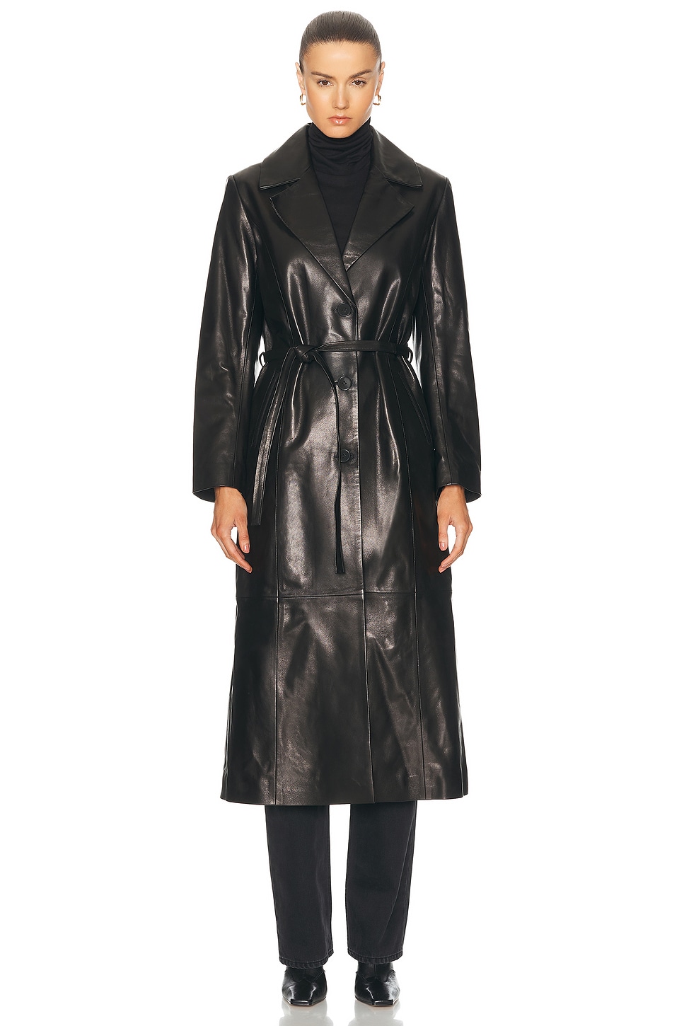 Tamara Belted Leather Trench Coat in Black