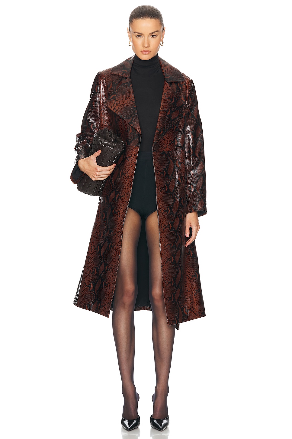 Amina Belted Leather Coat in Brown