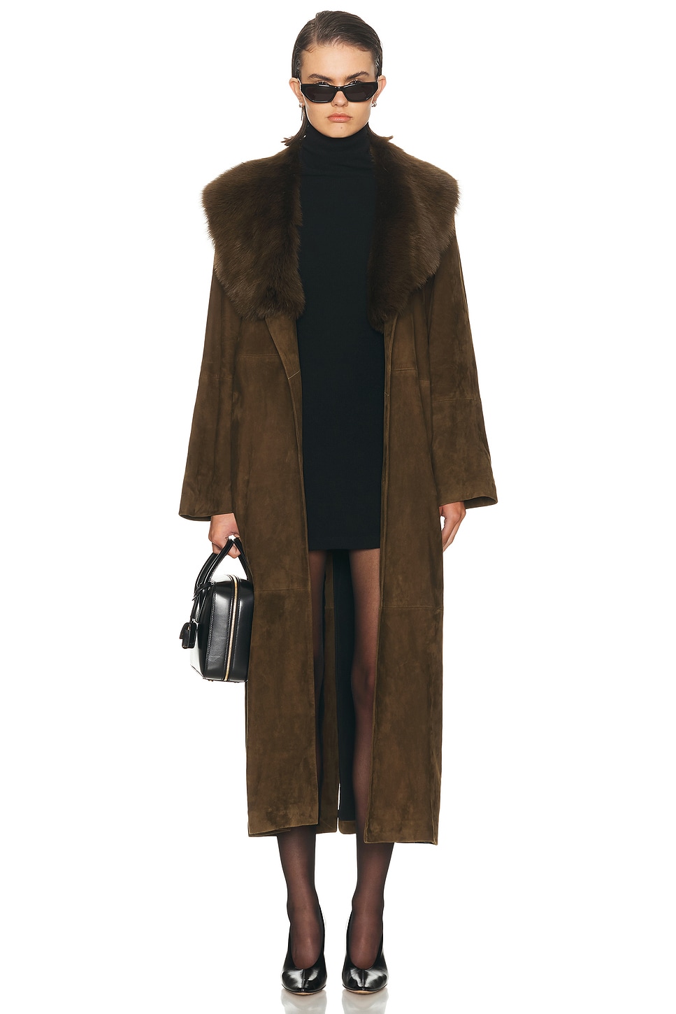 Image 1 of NOUR HAMMOUR Briona Suede Trench Coat in Deep Olive