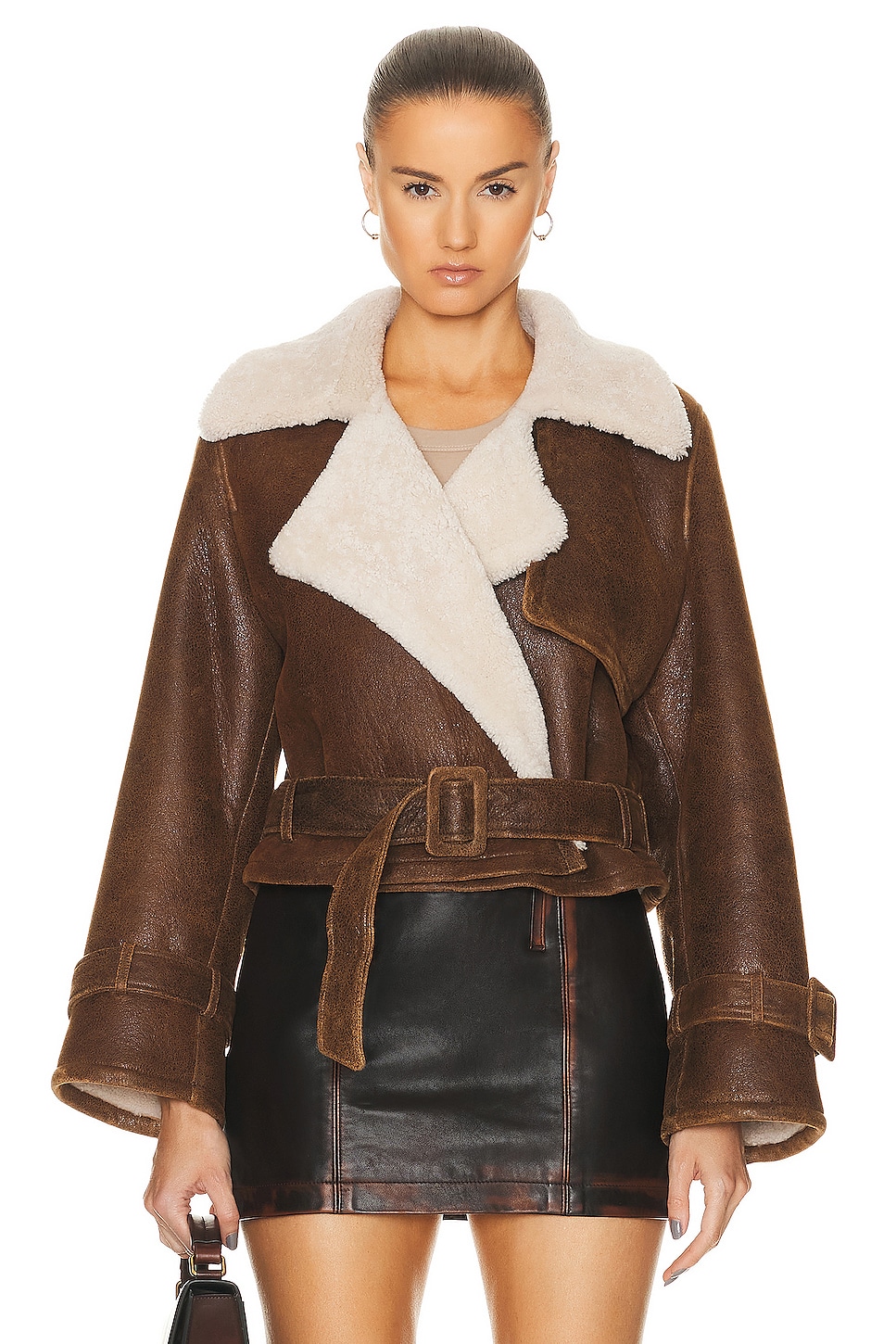 Image 1 of NOUR HAMMOUR Hatti Shearling Double Breasted Crop Belt Jacket in Caramel