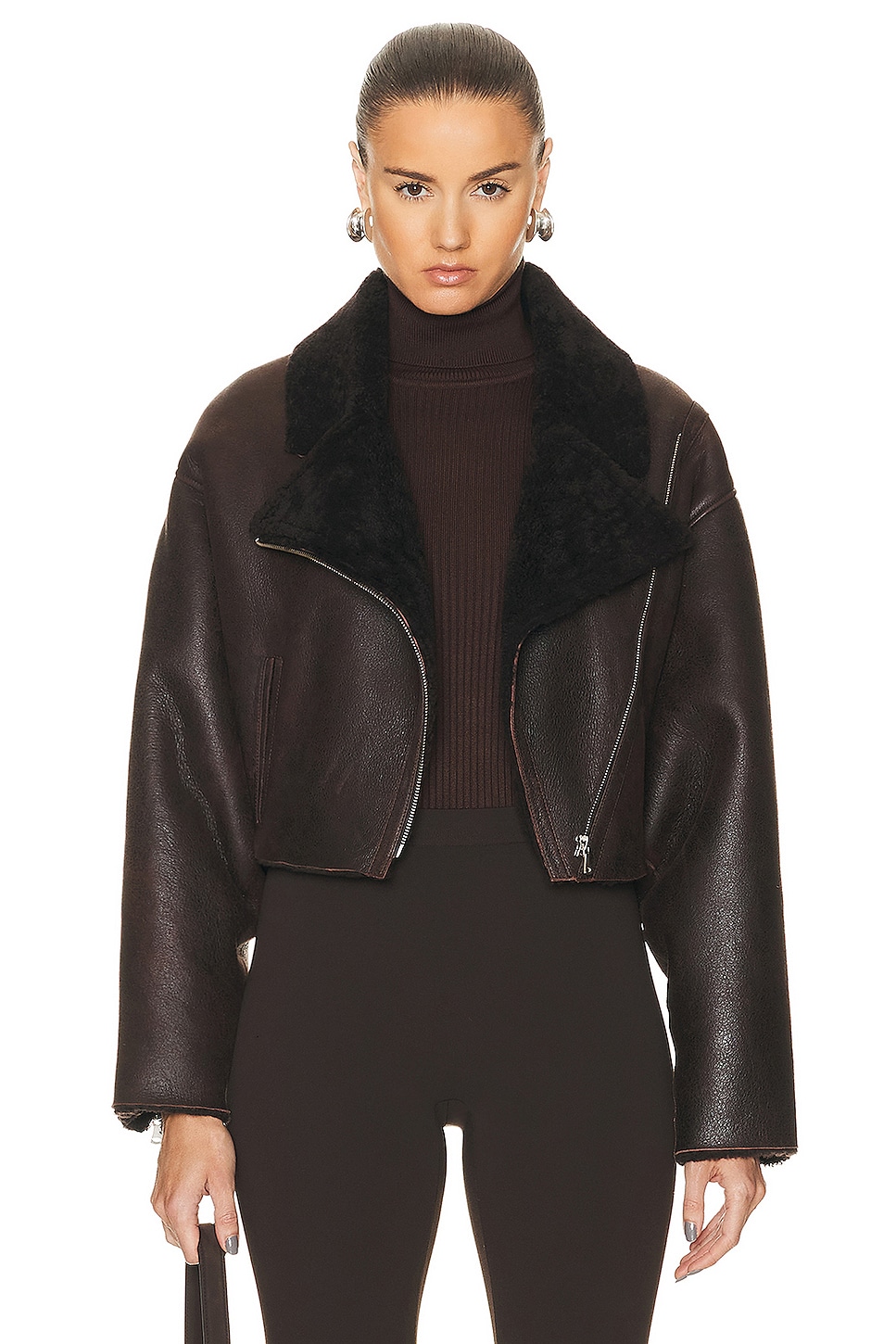 Image 1 of NOUR HAMMOUR Colorado Cropped Shearling Bombardier Jacket in Dark Chocolate