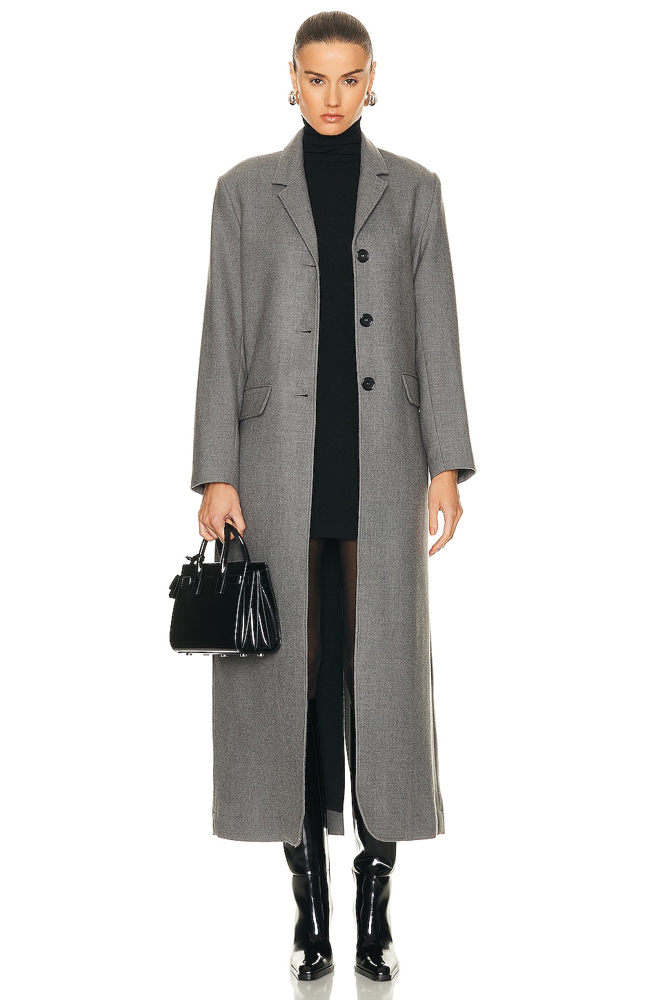 Image 1 of NOUR HAMMOUR Celine Extra Long Slim Fit Coat in Light Grey