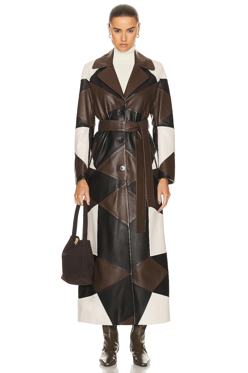 Image 1 of NOUR HAMMOUR Sonja Extra Long Belted Patchwork Trench Coat in Cocoa, Vanilla, & Marron