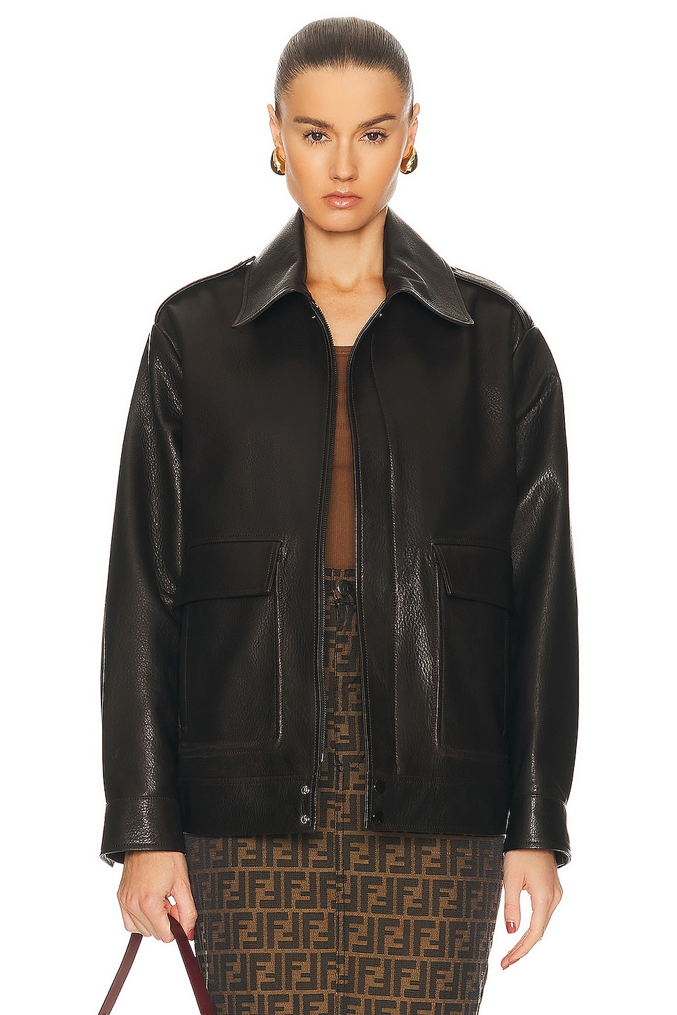 Image 1 of NOUR HAMMOUR Drey Leather Jacket in Chocolate Fondant