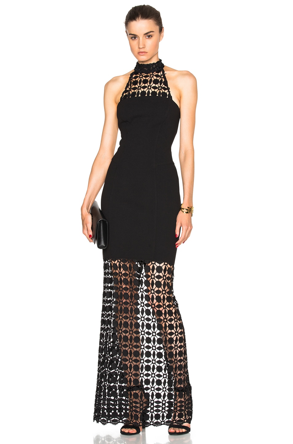 Image 1 of NICHOLAS Mosaic Lace Halter Maxi Dress in Black