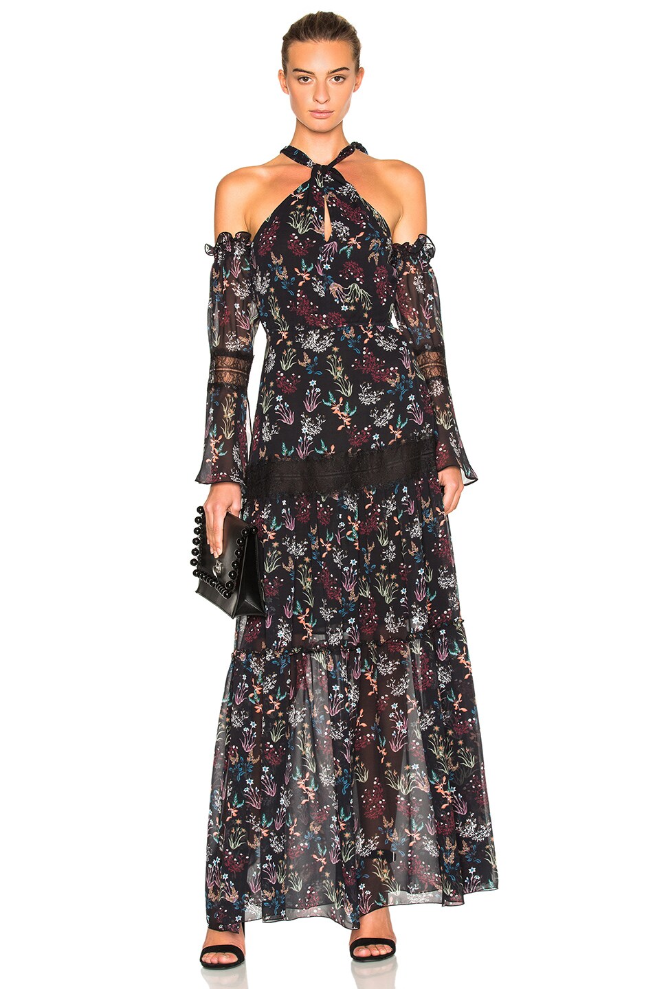 Image 1 of NICHOLAS Tiered Maxi Dress in Black Garden Floral