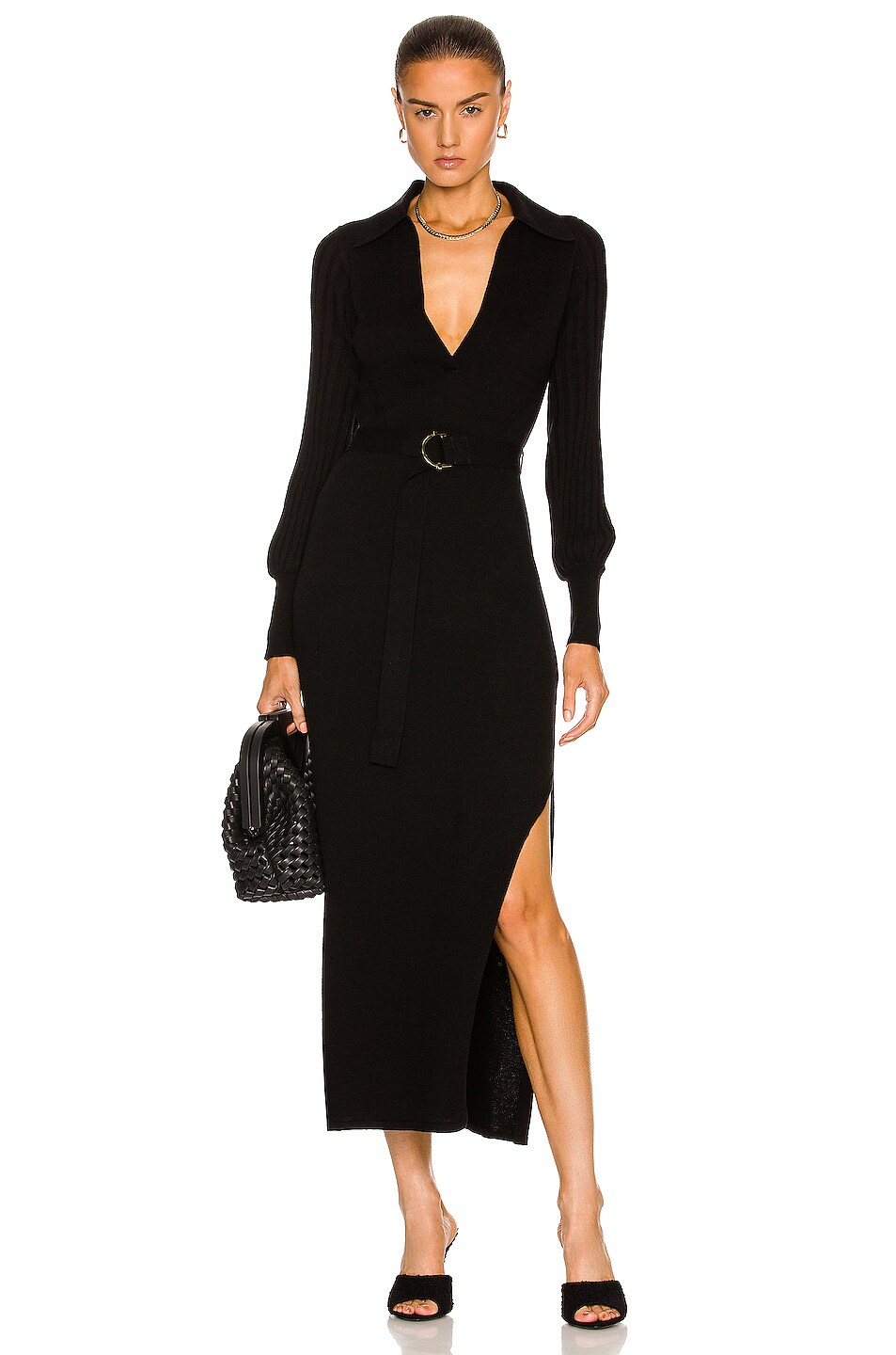 NICHOLAS Adeline Knit V Neck Long Sleeve Midi Dress in Black | FWRD