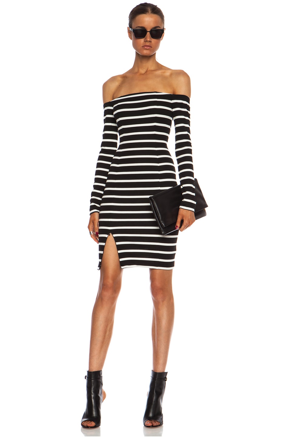 Image 1 of NICHOLAS Riviera Striped Off the Shoulder Poly-Blend Dress in Black & White