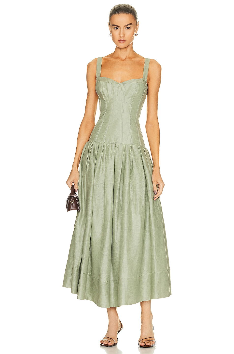 NICHOLAS Makenna Drop Waist Corset Midi Dress in Sage FWRD