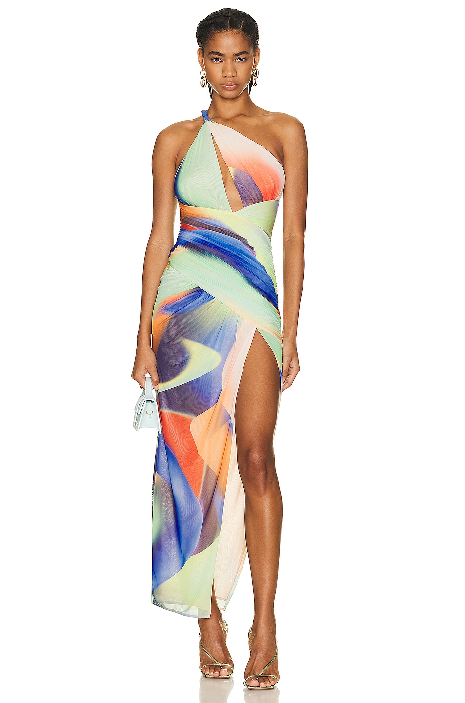 Image 1 of NICHOLAS Drue Draped Asymmetrical Midi Dress in Linea Print
