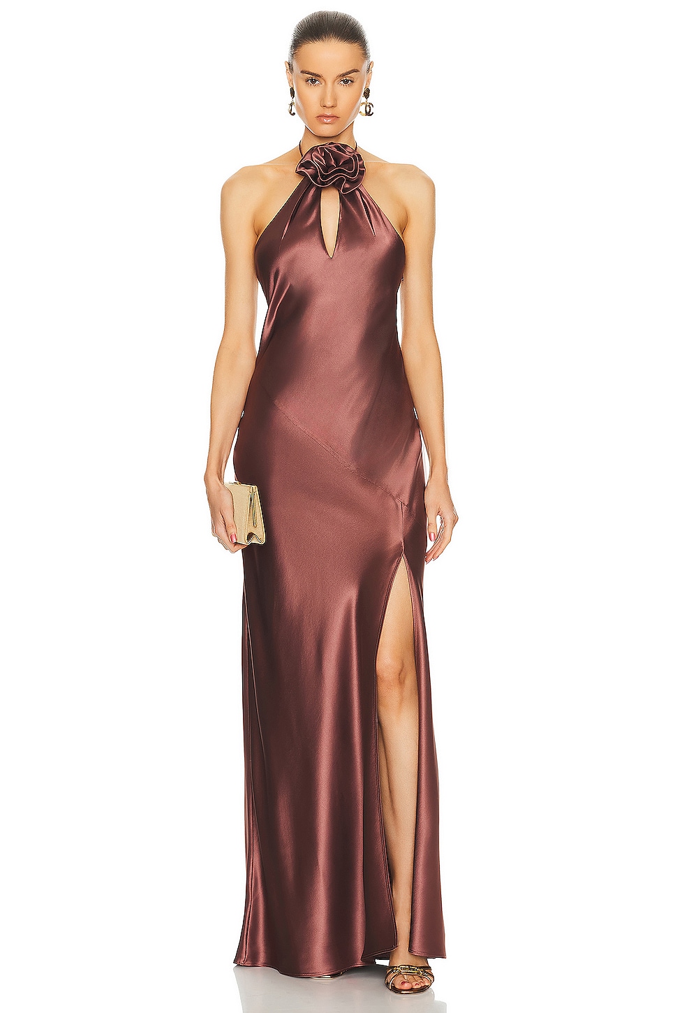 Image 1 of NICHOLAS Ana Halter Dress With Removable Flower in Nutmeg