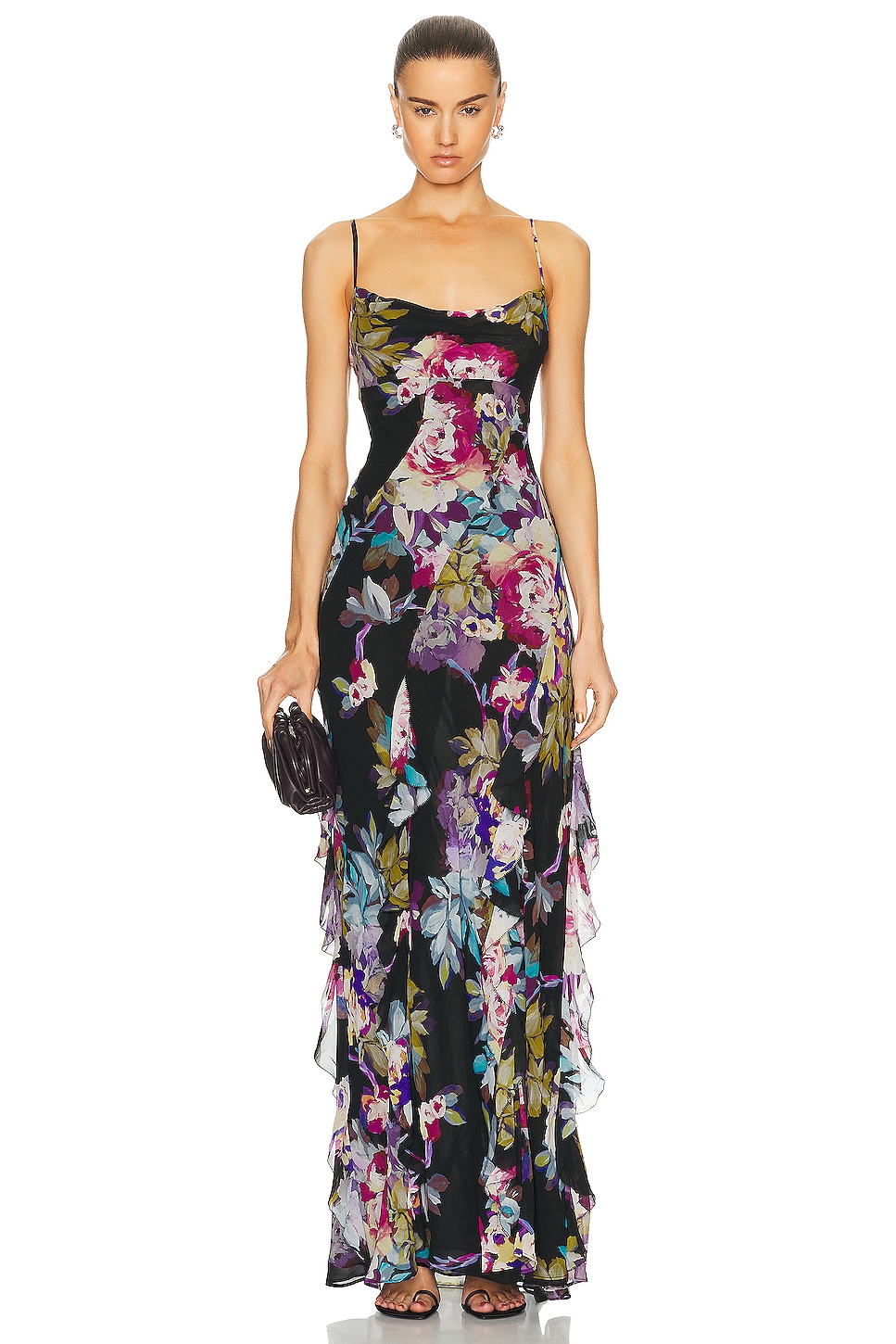 Image 1 of NICHOLAS Kamila Ruffle Cowl Gown in Antique Floral Black