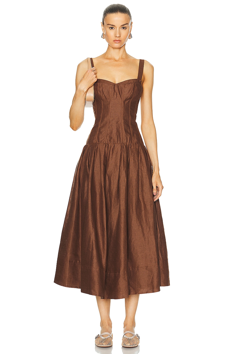 Makenna Drop Waist Corset Midi Dress in Brown